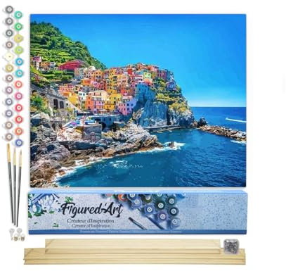Figured'Art Peinture par Numéro Adulte Village des Cinq Terres - Activité Manuelle Kit de Loisir Créatif DIY Numéro d'Art Complet - 40x50cm avec châssis en bois à monter