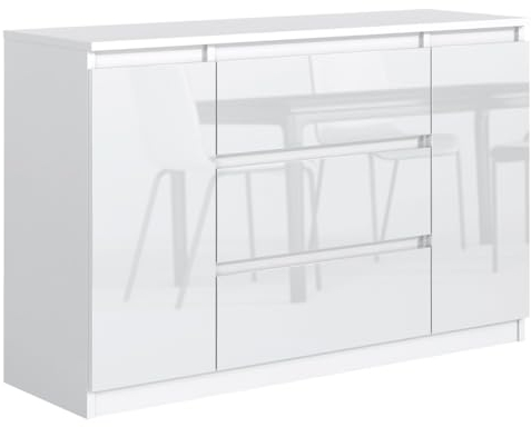 MebLocker Commode à 3 tiroirs, 2 Portes, 120 cm, idéale pour Le Salon, la Chambre à Coucher, la Chambre d'enfant et Le Bureau, Solution Moderne et élégante (Brillance Blanche)