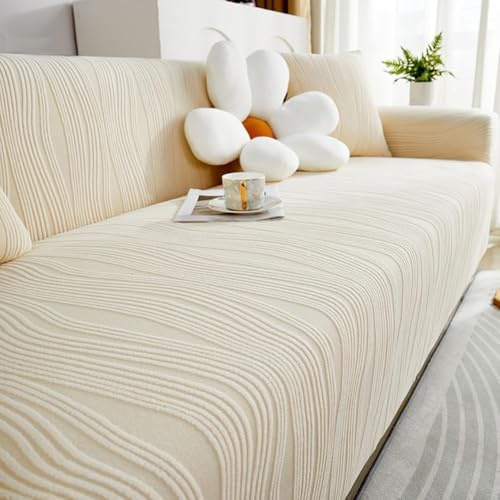 TANYAZ Sofabezug 1/2/3/4/5-Sitzer, Dicker und eleganter Sofa Überzug Sofaschoner - Elastischer Jacquard Samt Sofa Bezug mit Armlehnen für Das Wohnzimmer - rutschfest (Color : Beige, Size : 3 Seater)