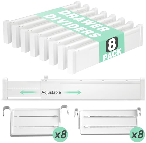 FUNIZE Verstellbare Schubladen Trennwände mit Einsätzen, 8 Stück, 32-58cm lange Trennwände mit 16 Stück 9-18cm Einsätzen, Erweiterbare Schubladen Organizer für Küche,Schlafzimmer,Büroaufbewahrung