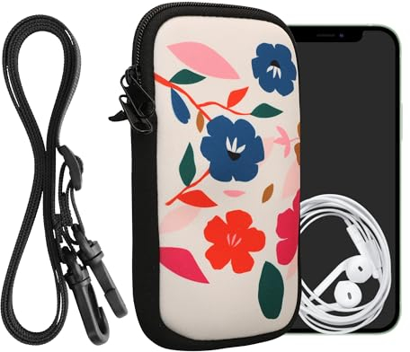 kwmobile Handytasche für Smartphones XXL - 7 - Neopren Handy Hülle Pink Dunkelblau Creme - Handy Tasche mit Kette 17,7 x 8,5 cm Innenmaße - Blumen Farbenfroh