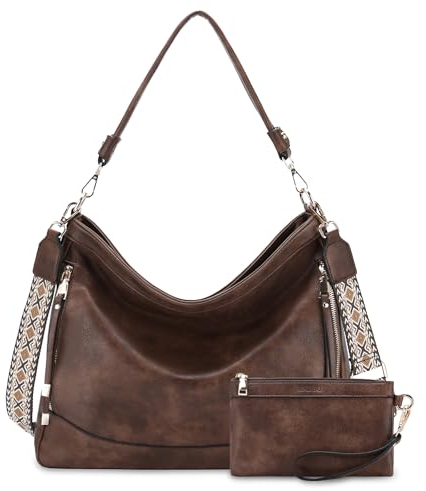 RAVUO Damen Handtaschen, Groß PU Ledertasche Umhängetasche Mittelgross Hobo Handbags Lady Taschen Set 2pcs Schultertasche Geldbörse Kaffee