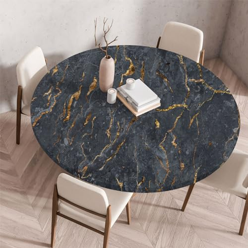 Highdi 3D Elastische Tischdecke Rund Abwaschbar, Spanntischdecke Rund Gartentischdecke Outdoor Round Tischdecke mit Gummizug für Esszimmer, Küche und Picknick (Stein B,120cm)