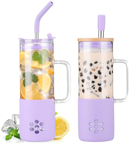 BLUEGO 600ml Glass Cups with 2 Lids and Handle, Cute Glass Tumbler with Straws and Silicone Sleeve, Iced Coffee Cup, 0.6L Smoothie Tumbler, Reusable Bubble Tea Cup, Travel Mug, Purple