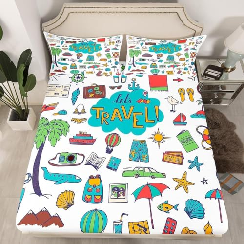 Spannbettlaken 120x200 Reisen 3D Spannbetttuch Tropisches Hawaii Bettlaken Set Weiches Mikrofaser Spannbetttücher Tiefe Tasche 30 cm Mit 2 Kissenbezügen 80x80 cm a-417