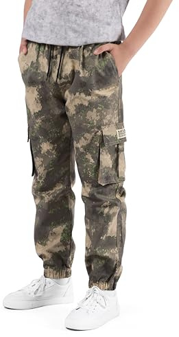 NATUST Boys Cargo Trousers Kids Elastic Waist Joggers Multi Pockets Casual Pants Desert Yellow 5-6 Years