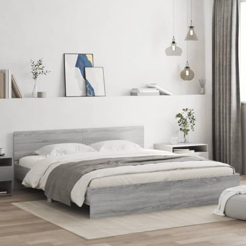 Faroom Holzbett Futonbett Bett 180x200 cm mit Lattenrost & Kopfteil, Bettrahmen Holzwerkstoff Einzelbett Doppelbett Bettgestell Grau Sonoma