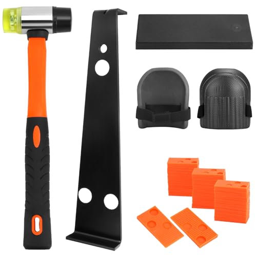 QWORK® 65-tlg Laminatfußboden Vinyl-Böden Verlegeset, inkl. 60 Montagekeile, 1 Schlagklotz, 1 Hammer, 1 Zugeisen und 2 Schaum Kniepolster