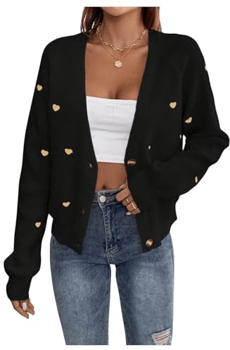 GORGLITTER Damen Cardigan Strickjacke Casual Strickmantel Outwear Pullover Pulli Dünne Jacke Sweater Mantel mit Herz Stickerei