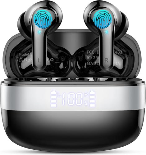 Auriculares Inalámbricos Bluetooth 5.3 HiFi Estéreo, Cancelación de Ruido ENC, 48H de Autonomía, 4 Micrófonos HD, Pantalla LED, IPX7 Impermeable, Comodidad Ligera