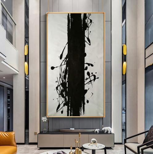 KDOVOXB Großes abstraktes Gemälde, schwarz-weißes Gemälde auf Leinwand, großes Ölgemälde, abstrakt, zeitgenössische Wandkunst, 80 x 150 cm, mit goldenem Rahmen