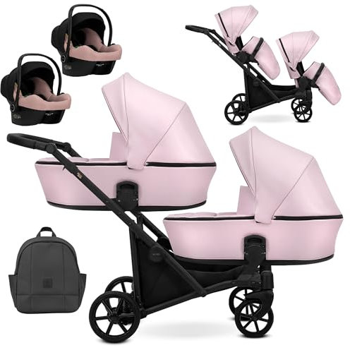 Kunert Brav Duo BBtwin 3-in-1 Doppel-Kinderwagen aus Kunstleder, Dreierwagen, aus Kunstleder, drei Teile für Zwillinge (Pink)