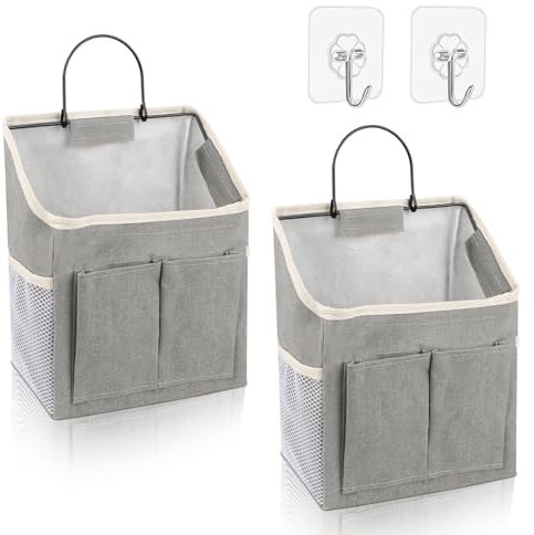 2 Stück Hängeorganizer,Hängende Aufbewahrung Organisatoren,Wasserfeste Wandoberhängetaschen,Faltbarer Leinenstoff Korb mit Taschen,Wandorganizer mit 3 Fächern für Zuhause,Badezimmer,Büro (Grau)