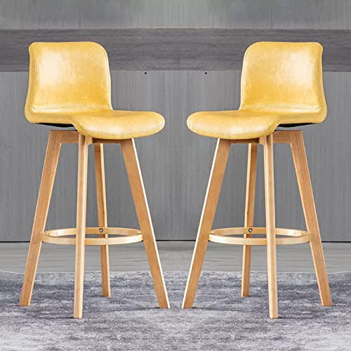 Barhocker aus Kunstleder, Gelb, 2er-Set, verstellbar, drehbar, Thekenhöhe, Barhocker mit Holzbeinen, für Küche, Insel, Frühstück, Bar, Esszimmer, 71 cm Höhe