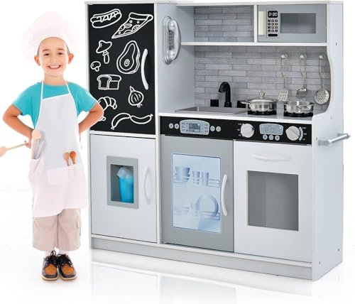 FANTASK Cocina infantil, cocina de juguete de madera con pizarra en blanco y gris con accesorios, cocina de juguete con microondas, máquina de hielo, lavavajillas y horno para niños a partir de 3 años