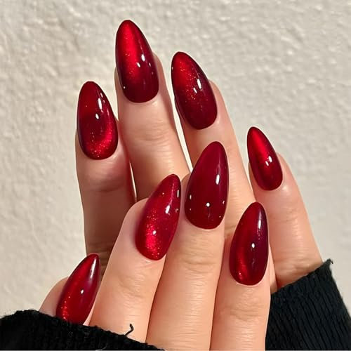 Zernblend 24 Pièces Ongles Portables en Design Œil de Chat Rouge Cerise, Ongles à Coller, Appuyez sur Ongles, Faux Ongles (avec Colle Gelée + Bandes Adhésives)