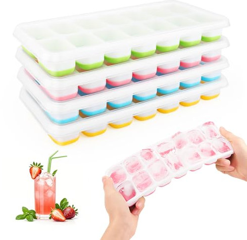 Bac à Glaçons, Lot de 4 Moule à Glaçons Silicone avec Couvercle, RISVOWO Ice Cube Tray Empilable, Carrés Bac Congelation, Glacon Moule Reutilisable pour Whisky, Cocktail, Glaces, Boissons(Multicolore)