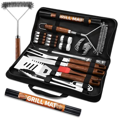 PURPLEBIRD 31-teiliges Edelstahl Grillzubehör Set – Premium BBQ Grillbesteck für Männer & Frauen mit Tragetasche, Fleischthermometer & Grillmatte Garten, Camping & Geburtstag