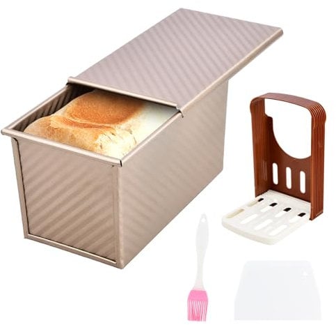 PTJJXA Pullman Bread Tin 450g, Bread Toast Mold with Cover, Non Stick Pullman Loaf Pan 19.2x10.2x11.5cm, Rectangle Bread Toast Mold Corrugated for Baking, Toast (Rose Gold)