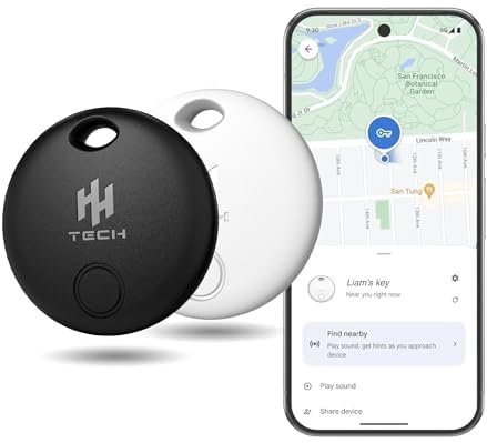 HH-Tech Android Tracker Tag (Pack-2 Black+White Android only) Works with Google Find My, Find Hub, Smart Tag Tracker, Item Finder, Easily Track Your Keys, Wallet, Bag, Suitcase, and More