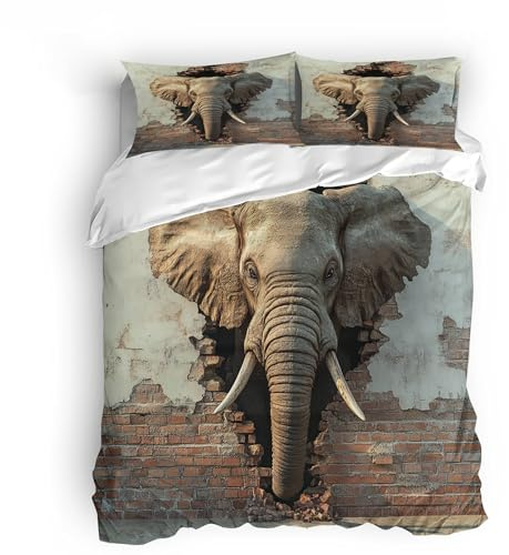 Generisch Wilde Elefanten Bettwäsche Set 135x200 3teilig Tier Mikrofaser Betten Set,1 Bettbezüge 135x200 cm + 2 Kissenbezüge 80X80 cm mit Reißverschluss für Jungen Kinder Mädchen