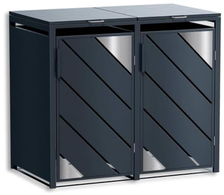 Metzler Mülltonnenbox 2er 240L Anthrazit mit Edelstahl Akzenten | Mülltonnenverkleidung für 2 Tonnen aus verzinktem Stahl | wetterfest mit Automatikdeckel und Soft Close