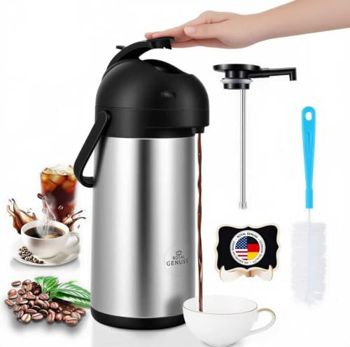 Airpot Coffee Dispenser 74 oz (2.2L) with Pump, Cleaning Brush, and Table Tent Sign - Stainless Steel Insulated Carafe - 24 Hour Heat Retention - 36 Hour Cold Retention - 2 Gifts are included
