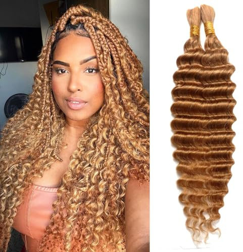 20inch Bulk Human Hair for Knotless Braids Deep Wave Boho Braids No Weft 100g 2Bundles Curly Bundles Wet and Wavy Braiding Brazilian Virgin Human Hair Extensions Deep Wave 27#