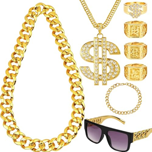 8 Stück Zuhälter Kostüm Goldkette Fasching, Rapper Gangster Hip Hop Kostüm, 80er 90er Jahre Outfit Herren, Dollar Kette/Goldkette Herren/Dollar Ring/Goldenes/Sonnenbrill Armband für Punk Fasching