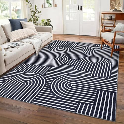 LuxFocus Moderner Geometrischer Teppich Wohnzimmer 160x230 cm Dunkelblau | ca. 6mm Ultradünn, waschbar, minimalistischer Kurzflor-Teppich für Schlafzimmer Büro, rutschfest, pflegeleicht, faltbar