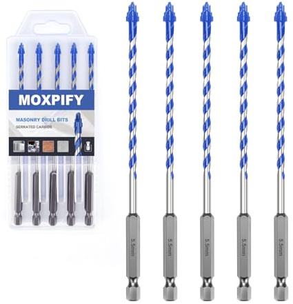 MOXPIFY 5PCS 5.5mm x 150mm Masonry Drill Bits Set, Porcelain Tile Drill Bit, Tungsten Carbide Drill Bit for Tile, Glass, Ceramic, Marble, Concrete, Brick, Granite, Wood