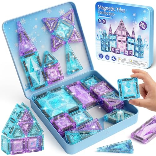 burgkidz Magnetische Bausteine Eisprinzessin 42-teilig: 60 Min Ruhe | Reise-Metallbox, 30s Aufräumen, 7,5/3,75 cm Magnetfliesen, für Auto & Flug & Zug, Geschenk für Mädchen ab 3