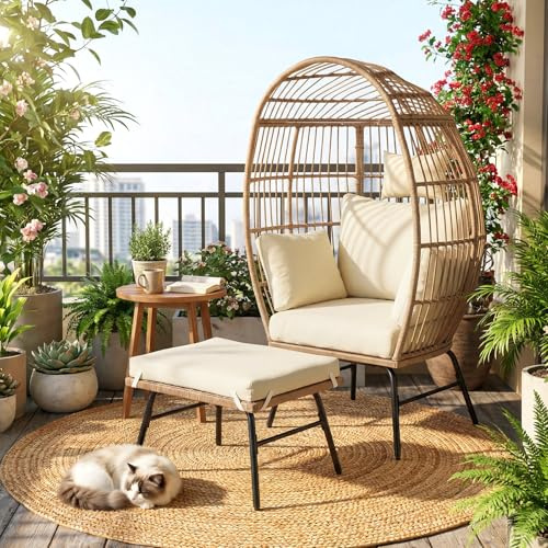 GIANTEX Gartensessel mit Hocker, extra großer Ei-förmiger Loungesessel | PE-Rattan Gartenstuhl, Rattansessel mit Kissen und Polstern, abnehmbare Bezüge, Relaxsessel für Balkon, Pool und Veranda