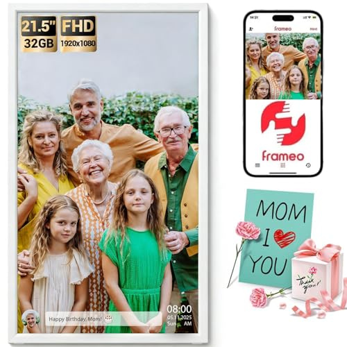 AILRINNI 21.5 Frameo Digital Picture Frame, WiFi Digital Photo Frame 1920x1080 HD IPS Touch Screen, 32GB Memory, Auto-Rotate Portrait and Landscape, Wall-mountable Frameo