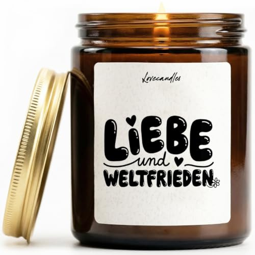 Liebe und Weltfrieden - Duftkerze mit Spruch als Geschenk für Liebe & Beziehung, Freundin oder Freund, Kerze im Glas mit Vanilleduft, Lustige Vanille Duftkerzen im Glas