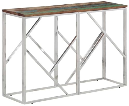 Zeehear Table console argentée en bois recyclé massif et structure en acier inoxydable robuste, 110 x 30 x 70 cm, design facile d'entretien pour couloir et salon