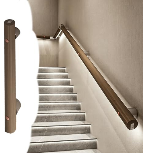 Handlauf Treppenhandlauf aus 100% Massivholz mit LED-Beleuchtung, Rohrhandlauf mit Automatischer Ein-/ Ausschaltfunktion und Anpassbarer Länge, Rutschfeste(1.4m/4.6ft)