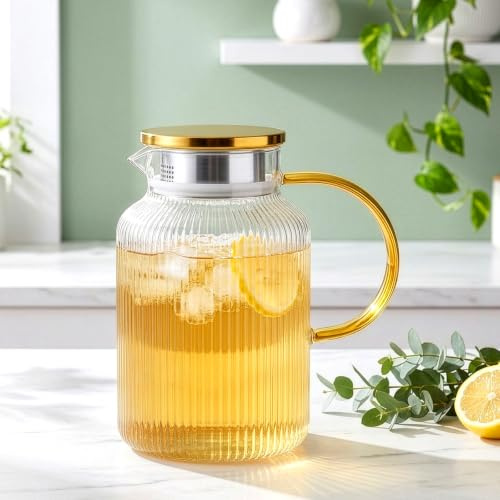 BREEZENEST 1800ml Glass Pitcher with Lid and Handle Fridge Jug | Water Gug with Lid Heat Resistant Glass Carafe for Hot and Cold Drinks