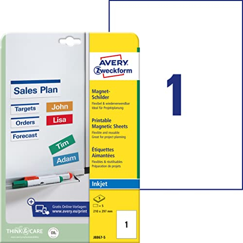AVERY Zweckform J8875-5 Magnet-Schilder (5 Magnete, 210x297mm auf A4, spezialbeschichtet, bedruckbar, magnetische Haftung auf White Boards, Metalltafeln, uvm., für Inkjet-Drucker) 5 Blatt, weiß