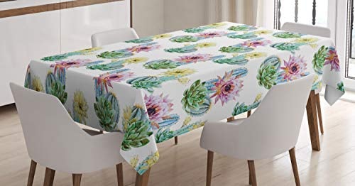 ABAKUHAUS Jahrgang Tischdecke, Mexikanische Pflanze Kaktus, Pflegeleicht mit Modernster Druck Technologie Waschbar und Personalisiert, 140 x 170 cm, Grün Rosa und Blau