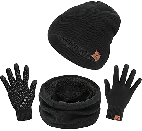 TAGVO Winter Beanie Hut, Schal, Touchscreen Handschuhe 3 in 1 Warmes Zubehör Kit, Weiches Fleece Innenfutter Tolles Warm, Stretchy Strick Beanie Cap, Elastischer Nackenwärmer