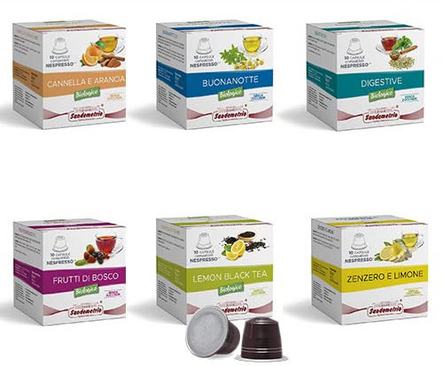 Sandemetrio Te e Tisane Bio Compatibili con Nespresso, Scelgi tra: Te al Limone, Tisana Notte, Digestiva, Cannella e Arancia, Zenzero e Limone, Frutti di Bosco. 50 Capsule (5 box da 10 cps)