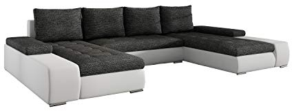 MOEBLO Ecksofa mit Schlaffunktion mit Bettkasten Couch U-Form Polstergarnitur Wohnlandschaft Polstersofa mit Ottomane Couchgranitur - LARINO (Grau + Weiß (Berlin 02 + Soft 17))