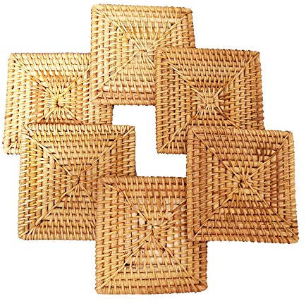 i-lan Lot de 6 sous-verres tissés pour boisson, porte-gobelet carrés en rotin de 10,2 cm, dessous de verre simples en osier fait à la main, dessous de verre décoratifs pour table basse, gobelets