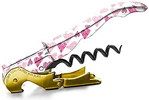 PULLTAP'S GENUINE Pink Love 900 Tire-bouchon de serveur professionnel avec motif cœurs, fabriqué en Espagne, avec double levier articulé, couteau coupe-capsule type cutter et décapsuleur