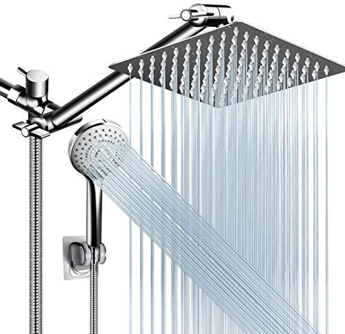 Pommeau de douche à haute pression de 20,3 cm avec bras d'extension réglable de 27,9 cm et pommeau de douche à main à 5 réglages, puissant pulvérisateur de douche contre l'eau basse pression avec long