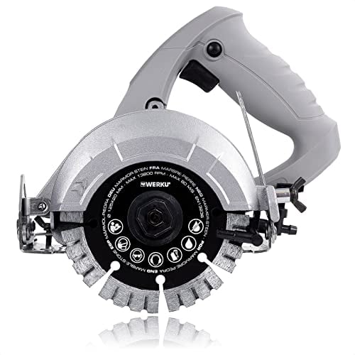 Werku WK400740, Sega Circolare Marmo-Pietra, Qualità Professionale, Potenza 1250 W, Disco 125 mm, Graduabile 45°, Sistema Raffreddamento, Include Disco Taglio e Tubo Acqua