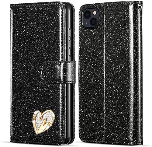 KP TECHNOLOGY Case for iPhone 13, Premium Shiny Bling Glitter Loving Heart Book Flip Stand Wallet Card Phone Case for iPhone 13 (BLACK)