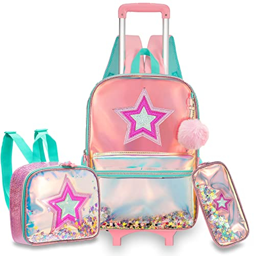 Egchescebo Sac à Dos Roulette Pour Enfant Fille D'école Amovible Pentagramme Transparent en Scolaires Cartables et Trousses Capacité avec Cartable Ecole Primaire Chariot de Voyage Valise 17 3PCS Rose
