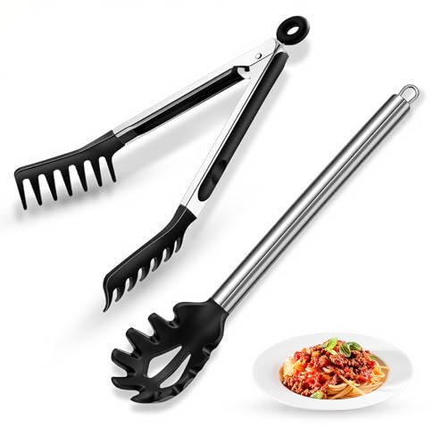 Spaghetti Spoon and Pasta Tong with Grip Teeth and Drain Holes, 2-Piece Non-Stick Silicone Head with Stainless Steel Handle, Heat Resistant Food Grade Utensils for Cooking, Serving, Salad and Noodles